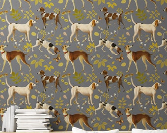 Hunting Dogs Gray Wallpaper Pill and Stick, Vintage Style Dogs Wall Paper