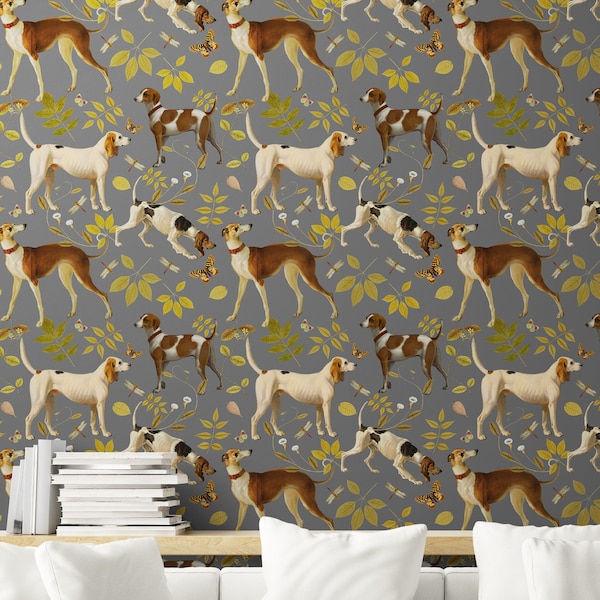 Hunting Dogs Gray Wallpaper Pill and Stick, Vintage Style Dogs Wall Paper