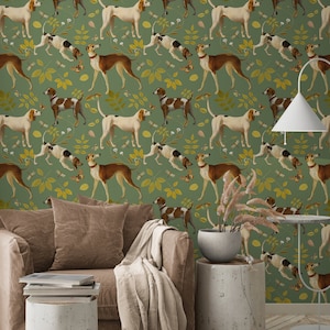 Wallpaper Sage Green with  Hunting Dogs, Wall Paper Pill and Stick, Vintage Style Dogs Wall Decal