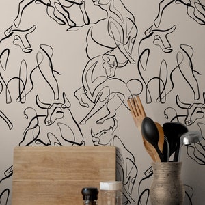 Beige Wallpaper Peel and Stick, Bulls Wall Décor, Modern Farmhouse Wall Decor, Minimalist Wall Paper, Southwestern Ranch Decor