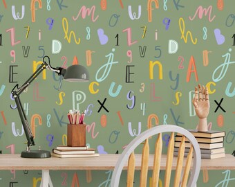 Sage Wallpaper with Alphabet, Playroom Educational Wall Art, Kids Wall Decal, Letters Wall Paper Peel and Stick