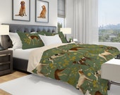 Dug Bedding Set, Sage Duvet Cover Queen, Twin, Hunting Bedding with Pillow Shams, Dogs Bedroom Décor, Retro Bedding