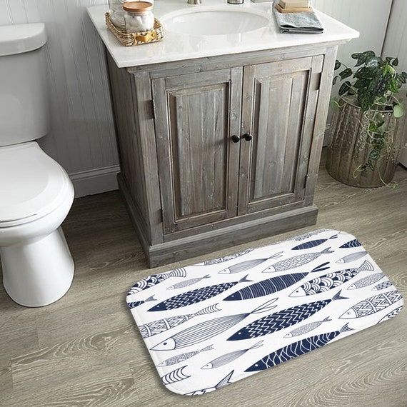 Fish Bath Mat, Nautical Home Decor, Blue White Bathmat, Cabin