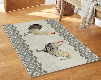 May include: A white and gray rug with a geometric pattern and two roosters. The roosters are facing opposite directions and have red combs.
