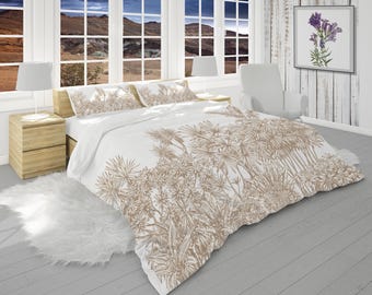 Neutral Bedding Set, Tropical Comforter with Pillow Shams, Floral Comforter Queen, King, Twin Size, Tropical Bedroom Decor