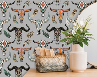 Boho Wallpaper with Bull Skull, Southwestern Decor, Ranch Wall Decor, Western Wall Paper