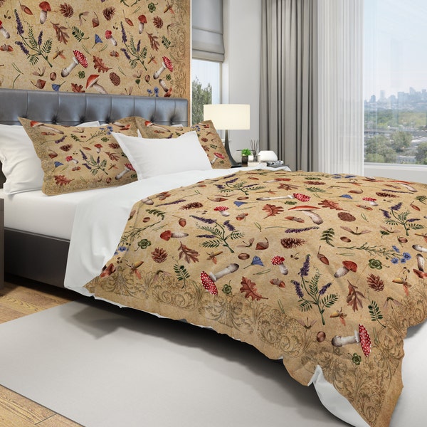 Retro Bedding Set with Mushrooms, Woodland Comforter Queen, King, Twin Size, Earthy Colors Pillow Shams