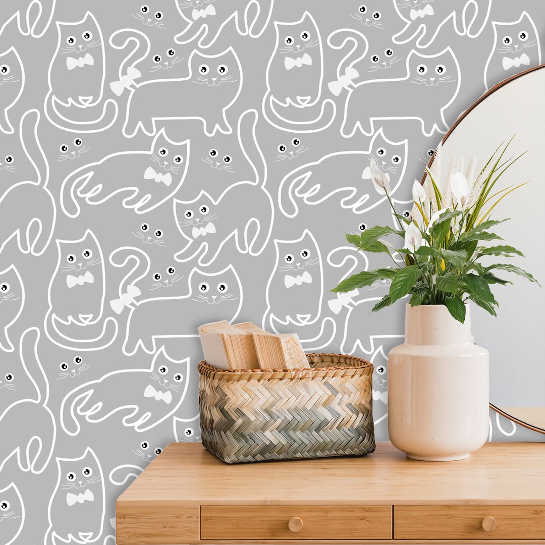 Cats Wallpaper Gray Wall Paper Funny Cat Nursery Wallpaper - Etsy
