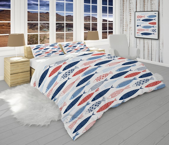 White Comforter and Pillow Shams With Fish, Beach House Bedding