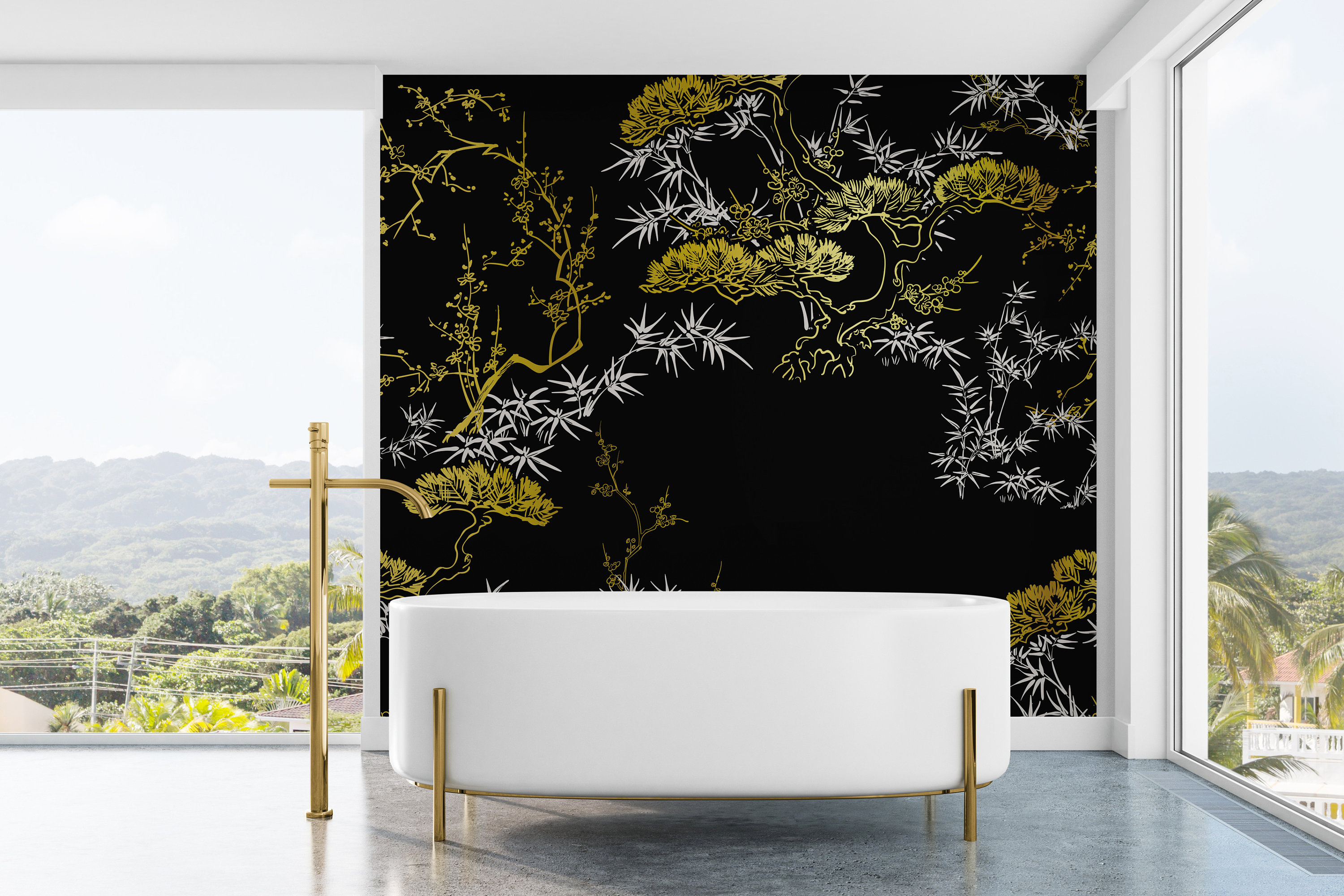 Black Wallpaper Japanese Wall Decal Pine Tree Mural Wall Etsy