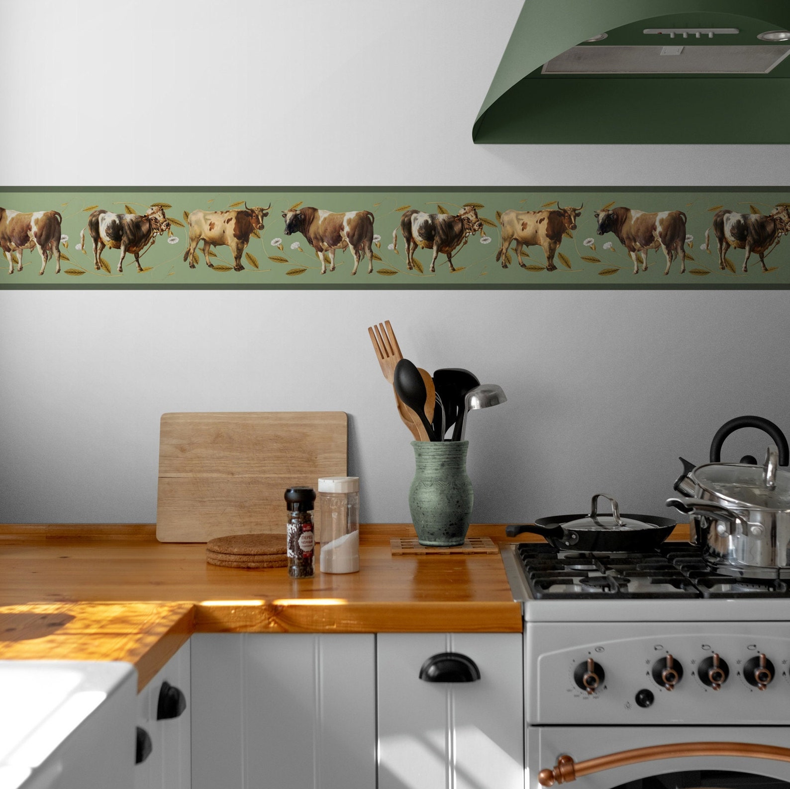 Farm Wallpaper Border With Cow Farmhouse Decor Green Wall Etsy