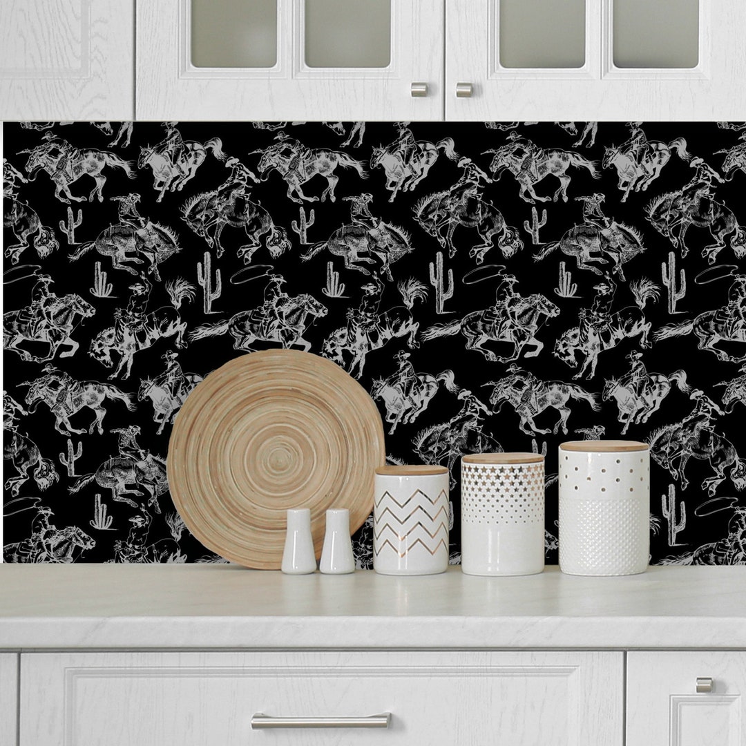 Cowboy Wallpaper Peel and Stick, Black Wallpaper With Horses