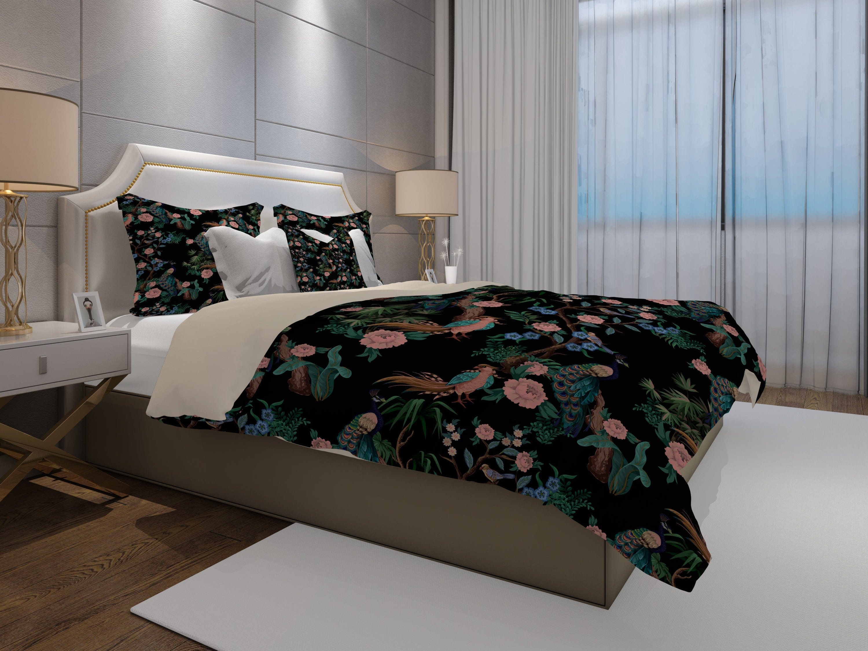 Black Floral Duvet Cover Peacock Bedding Duvet Cover Queen Etsy