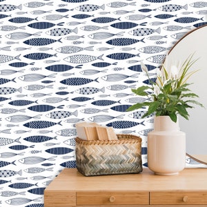 Blue Wallpaper, Fish Wallpaper Peel and Stick, Lake House Decor,  Fishing Wall Paper, Cottage Wall Décor
