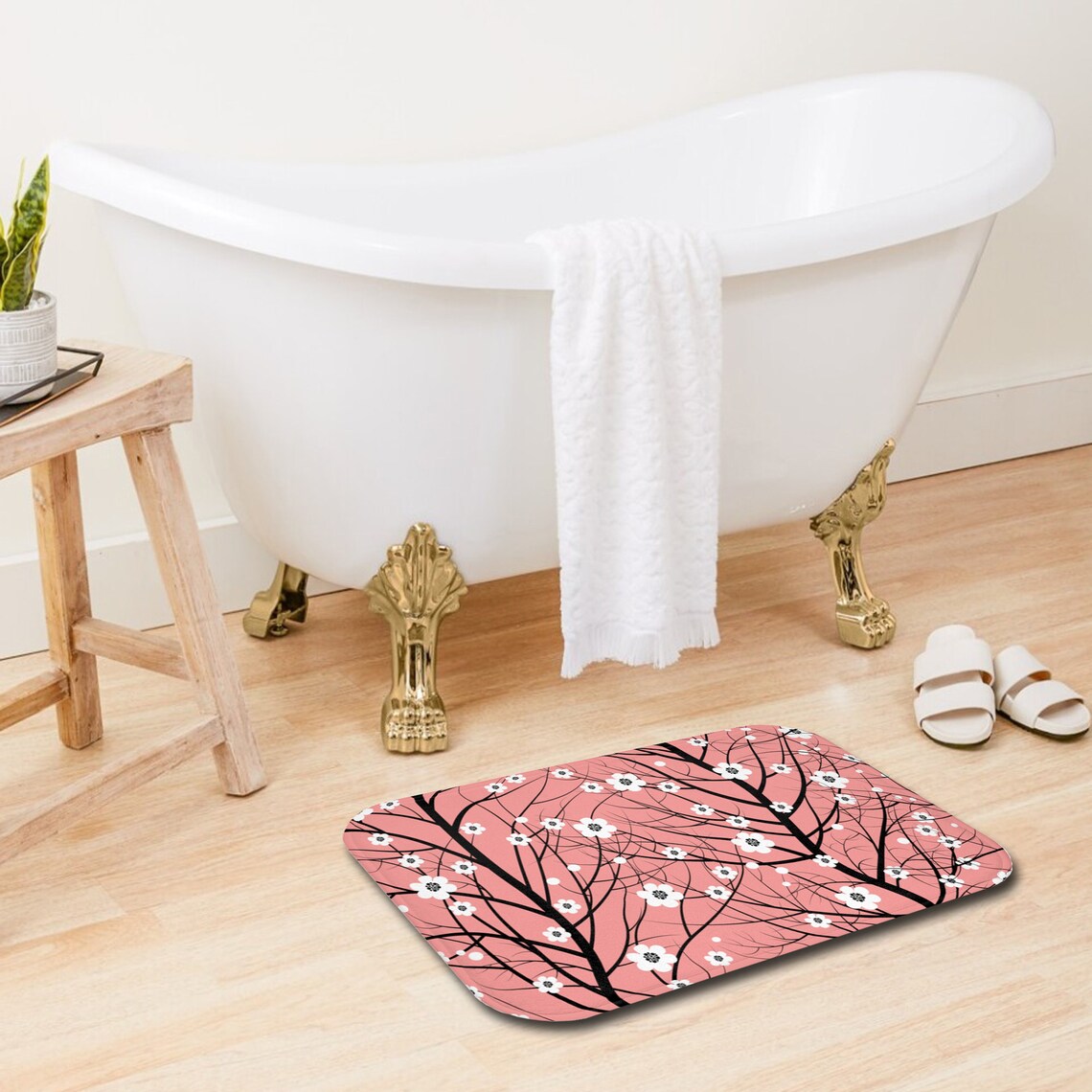 Flowers Bath Mat Coral Pink Bath Rug Japanese Style Bathroom Etsy