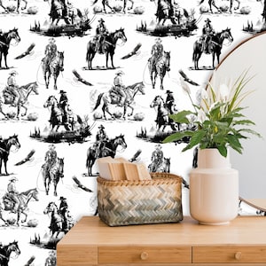 Cowboy Wallpaper, Western Wall Paper in Black and White, Southwestern Decor, Ranch Wall Decor
