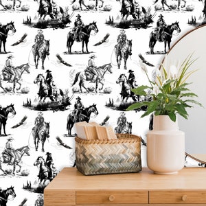 Cowboy Wallpaper, Western Wall Paper in Black and White, Southwestern Decor, Ranch Wall Decor