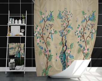 Peacock Shower Curtain, Chinoiserie Shower Curtain, Oriental Bathroom Décor, Floral Bathroom Accessories with Bird