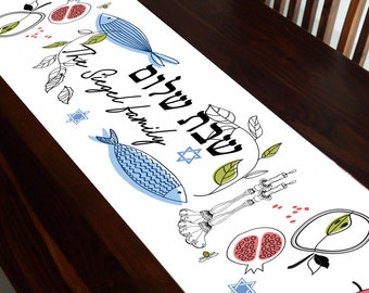 White Personalized Jewish Table Runner, Shabbat Table Runner with Candles and Fish, Shabbat Shalom Table Runner