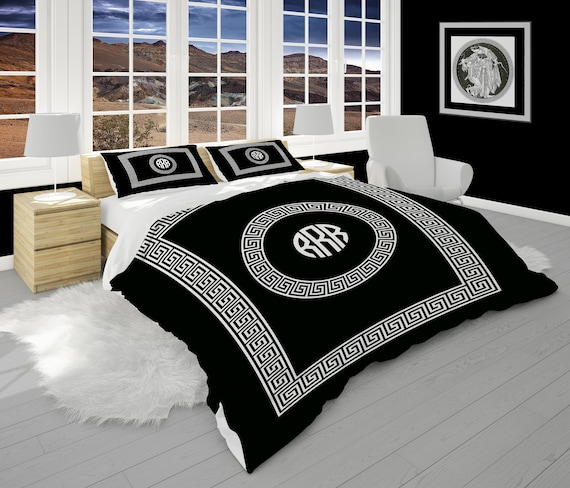 Black Comforter With Pillow Shams Monogram Bedding With Greek Key Meander Art Personalized Gift for Couple Etsy Canada