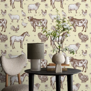 Farmhouse Wallpaper: Neutral Animal Print, Removable Wall Decal with Cow and Horse