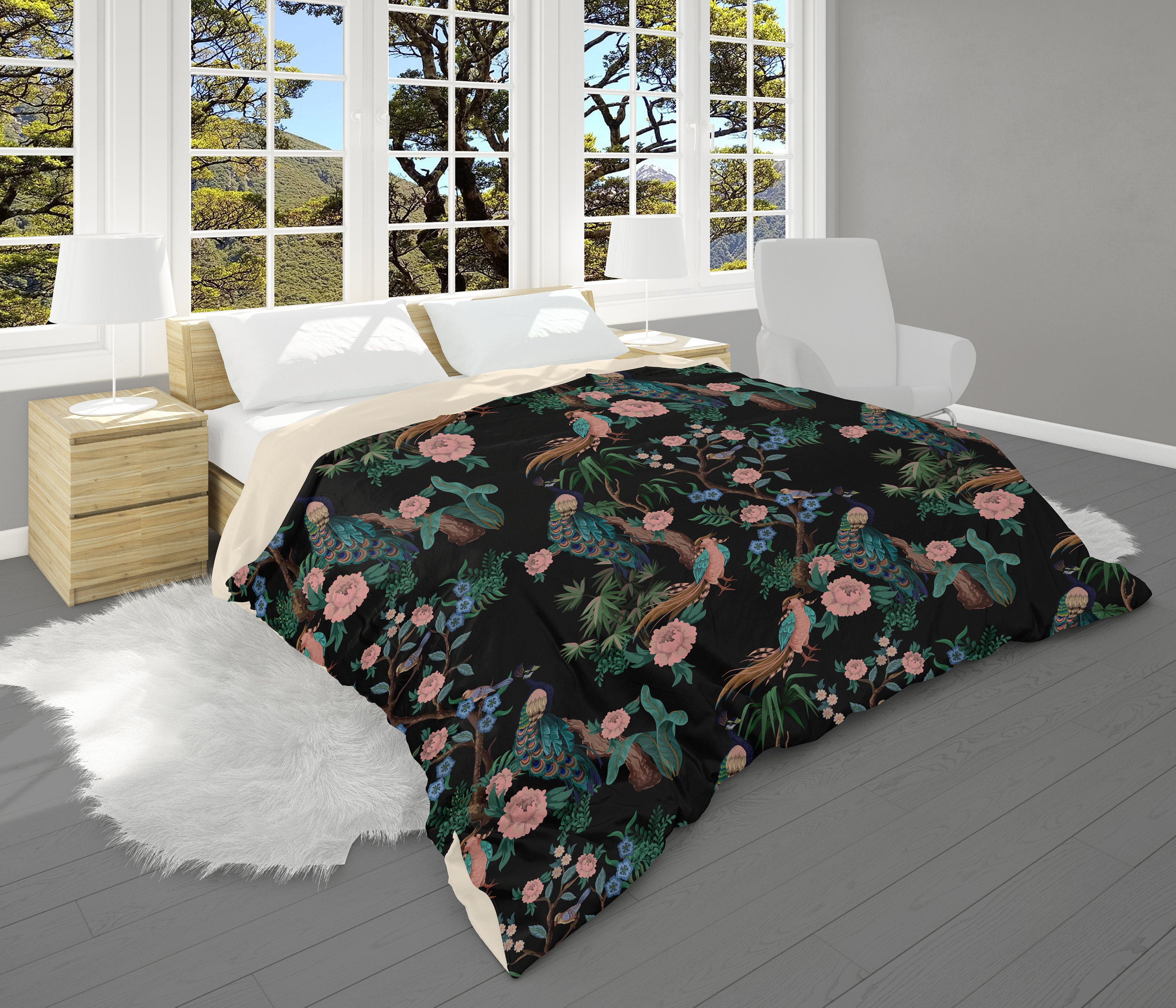 Black Floral Duvet Cover Peacock Bedding Duvet Cover Queen Etsy