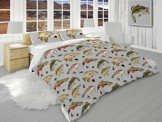 Comforter Set With Pillow Shams With Fish, Beach House Bedding, Cabin  Pillow Shams, Fisherman Gift 