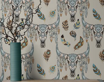 Peel Stick Wallpaper Boho, Beige Wallpaper with Bull Skull and Feathers, Southwestern Wall Decor, Wild West Decor