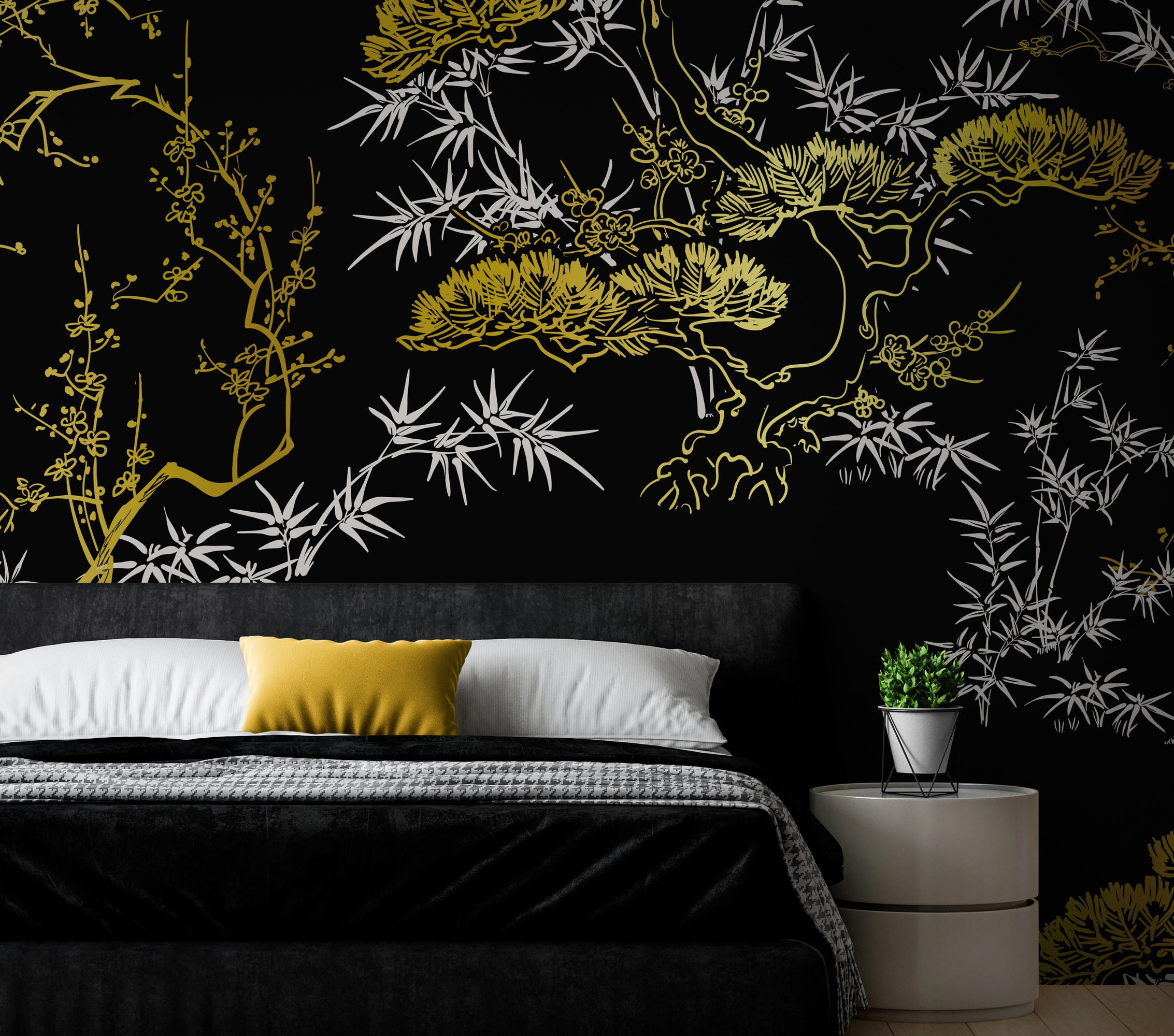 Black Wallpaper Japanese Wall Decal Pine Tree Mural Wall Etsy