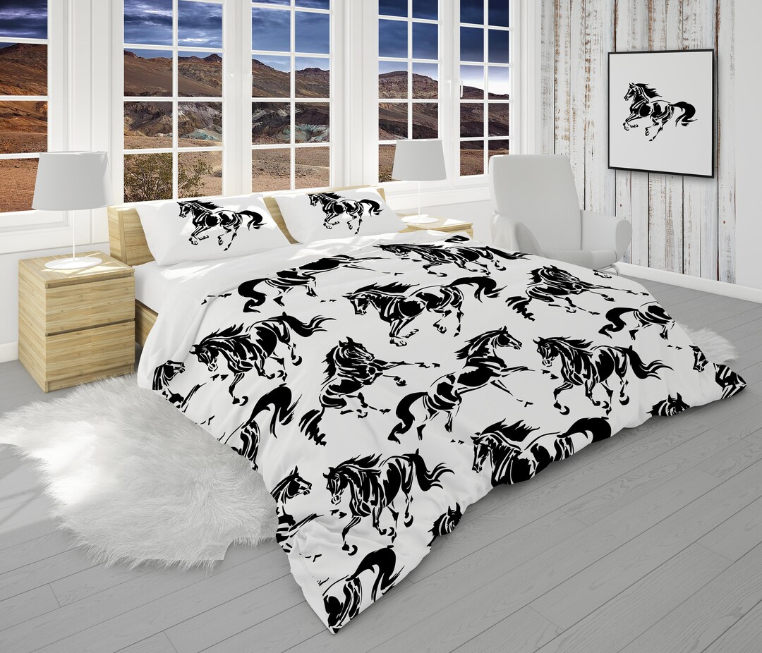 Black and White Bedding, Comforter or Pillow Shams with Horse, Southwestern Bedding, Farm Bedroom Décor