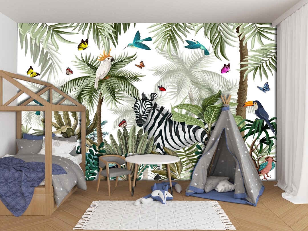 Jungle Safari Peel and Stick Mural | Tropical Wall Decor With Zebra ...