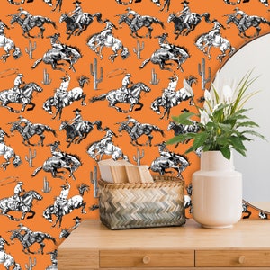 Orange Wallpaper with Cowboy, Southwestern Decor, Horse Wall Paper Peel and Stick or Traditional, Western Wall Decal, Ranch Décor