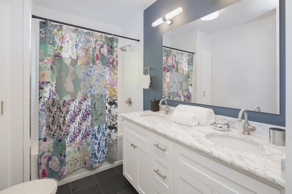 Patchwork Shower Curtain Floral Bath Curtain Quilt Print - Etsy