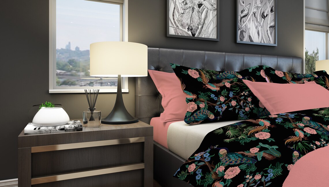 Black Floral Duvet Cover Peacock Bedding Duvet Cover Queen Etsy