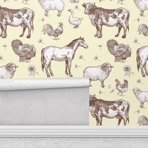 Farm Animals Wallpaper, Removable Farmhouse Wall Paper Off-white, Wall