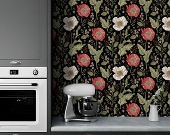 Black Floral Wallpaper, Dark Botanical Vinyl Wall Paper Peel and Stick, Wall Decor with Poppies Flowers