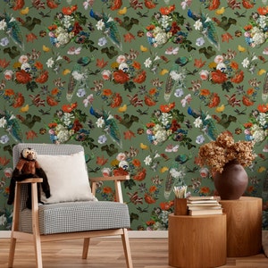 Sage Green Wallpaper, Peony Wall Paper, Vintage Peacock Wallpaper, Floral Wallpaper Peel and Stick