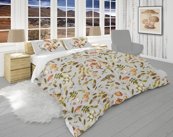 Mushrooms Comforter, Country Bedding, Cabin Comforter with Pillow Case, Woodland Bedding, Botanical Mushroom Decor
