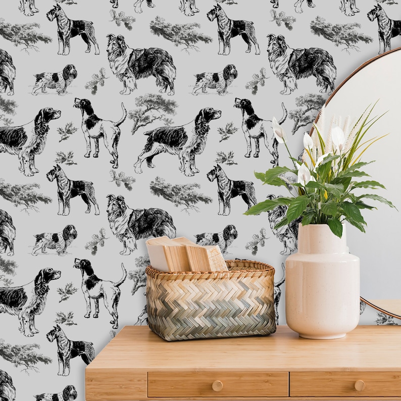 Black and White Wallpaper With Dogs Wall Paper Pill and Etsy