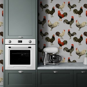 Rooster Decal, Off White Wallpaper, Removable Farmhouse Wall Paper, Rooster Kitchen Decor, Barnyard Chicken Wall Decal