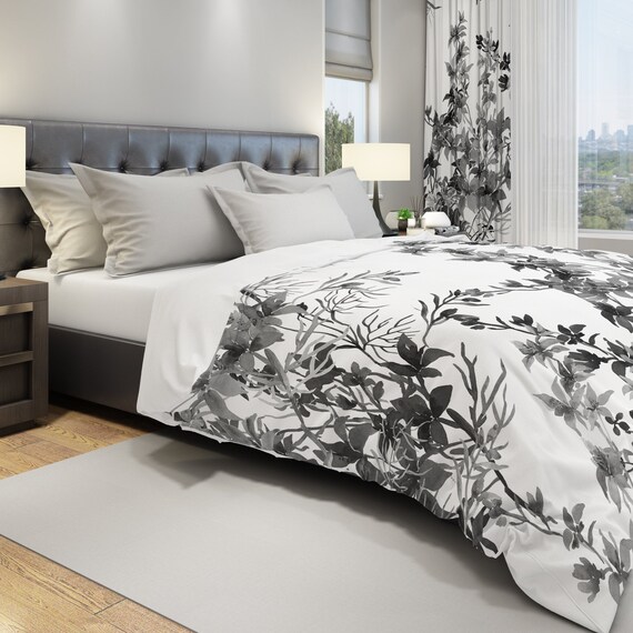 Flowers Comforter in Black & White Multiple Sizes Floral Etsy