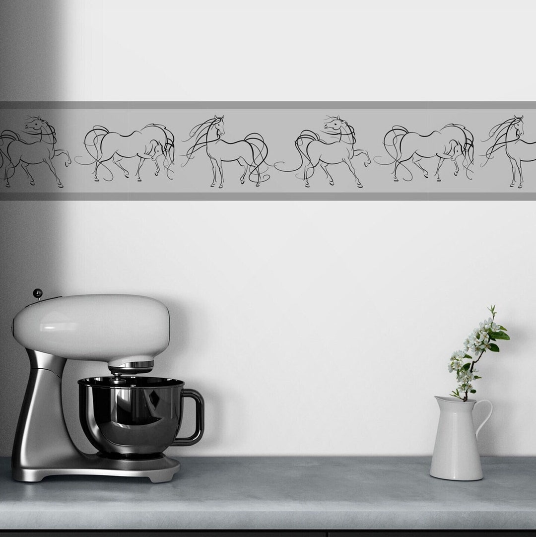 Wallpaper Border With Horse, Farmhouse Wall Decor, Monochrome Wall