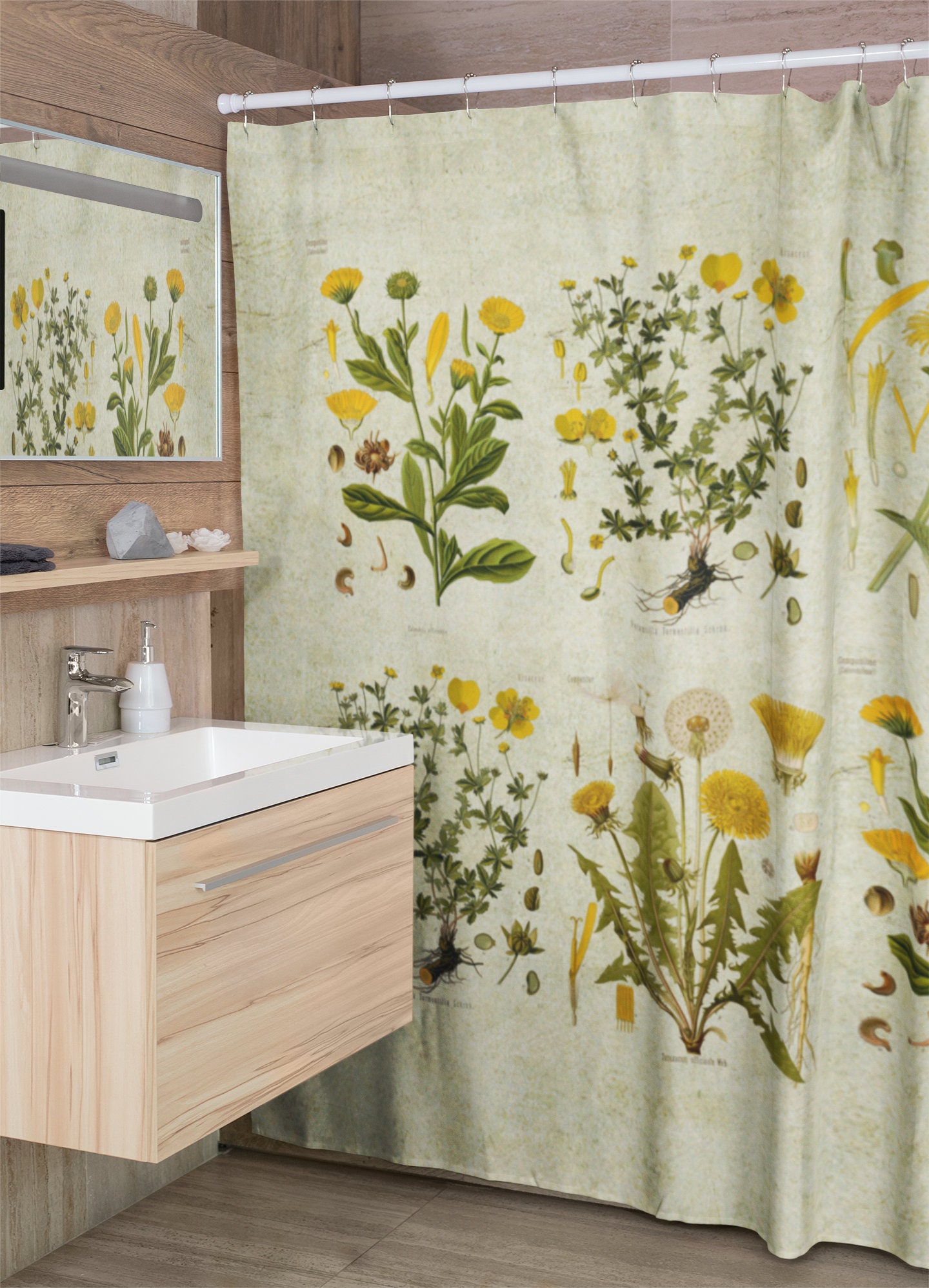 Retro Shower Curtain With Yellow Flowers Botanical Bathroom Etsy