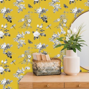 Botanical Wallpaper, Art Deco Wallpaper, Yellow Wall Paper with Flowers, Removable Wallpaper Peel and Stick, Retro Wall Decor