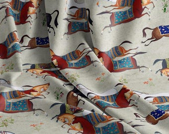 Vintage Equestrian Horse Fabric, 100% Combed Cotton, Ranch Decor