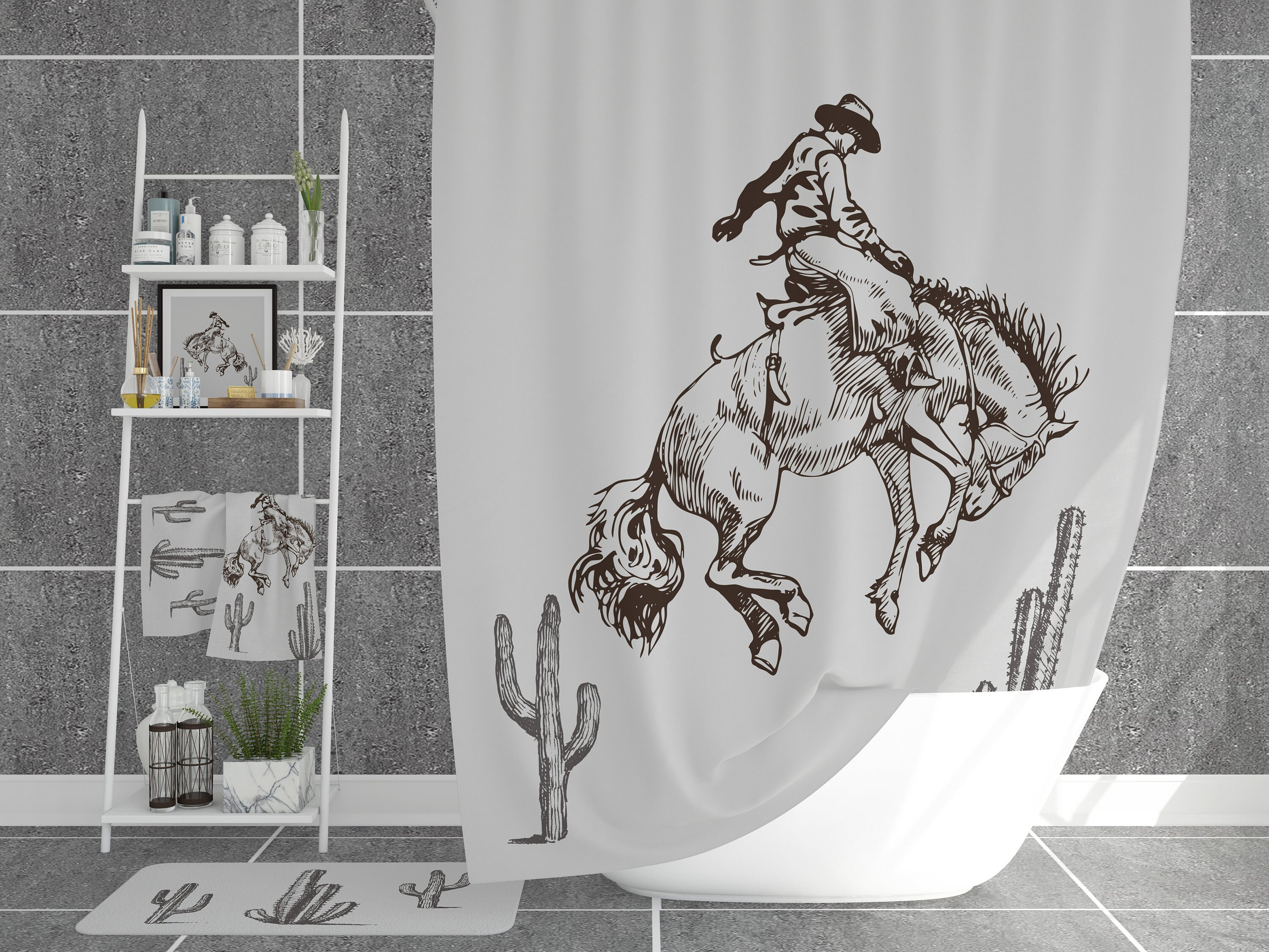 Southwestern Shower Curtain, Cowboy Riding Horse Shower Curtains, Bathroom, Western Bathroom Decor