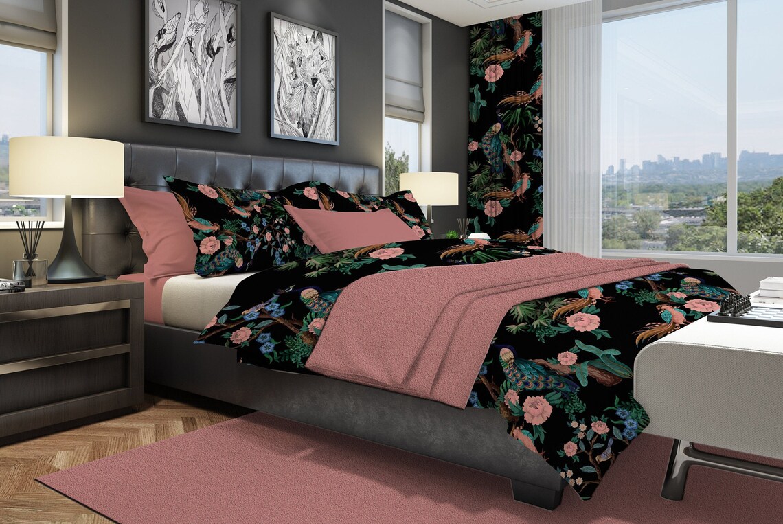 Black Floral Duvet Cover Peacock Bedding Duvet Cover Queen Etsy