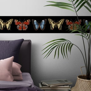 Butterfly Wallpaper Border, Retro Wall Paper Border Peel and Stick, Girly Wall Decor, Black Wallpaper Border