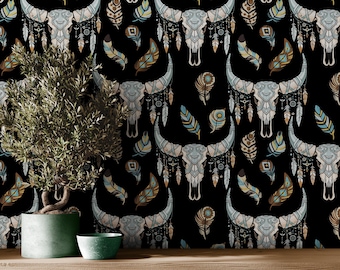 Black Wallpaper with Bull Skull, Western Wallpaper, Southwestern Wall Decor, Ranch Decor, Boho Style