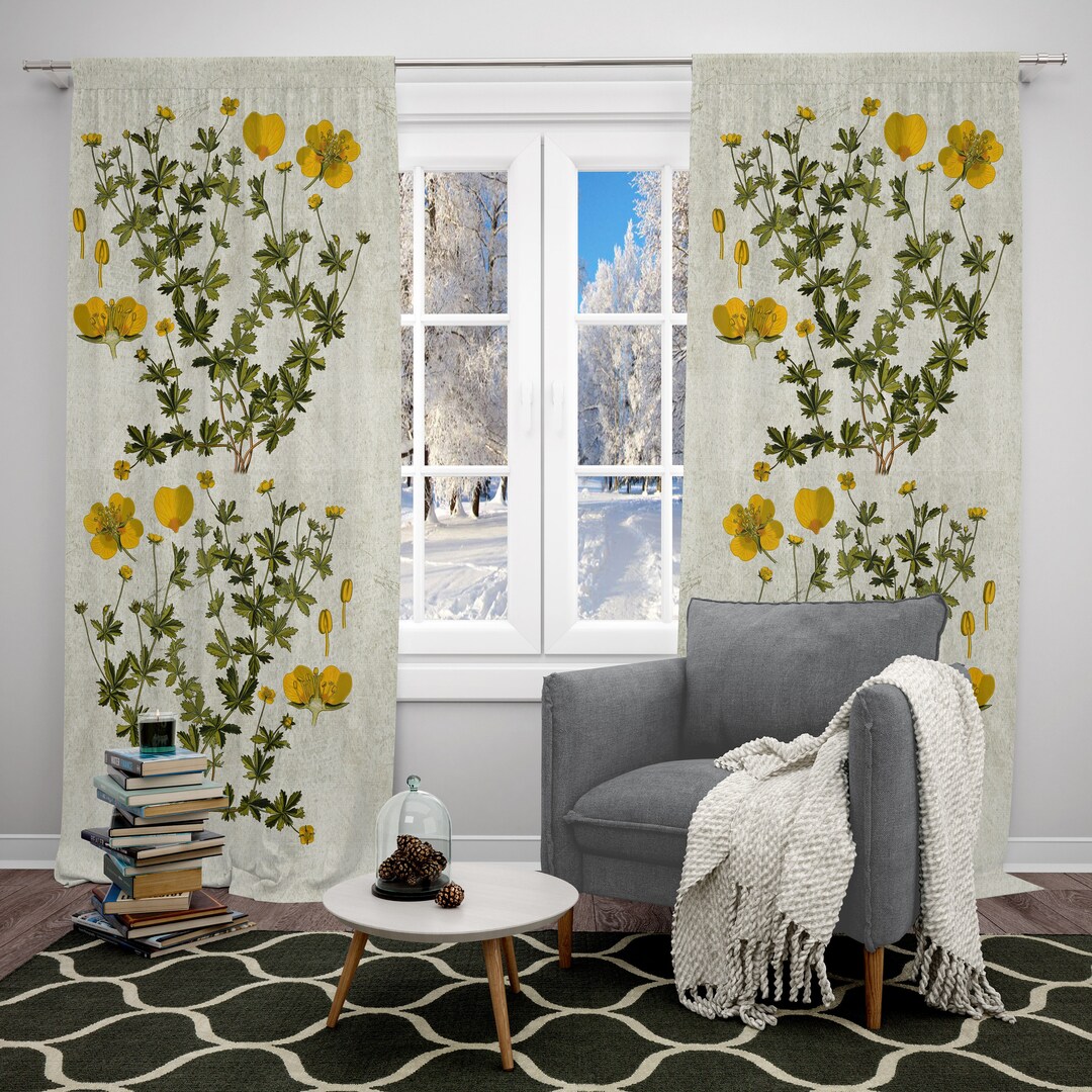 Botanical Curtain Panel, Flowers Window Curtain, Sheer Curtains With